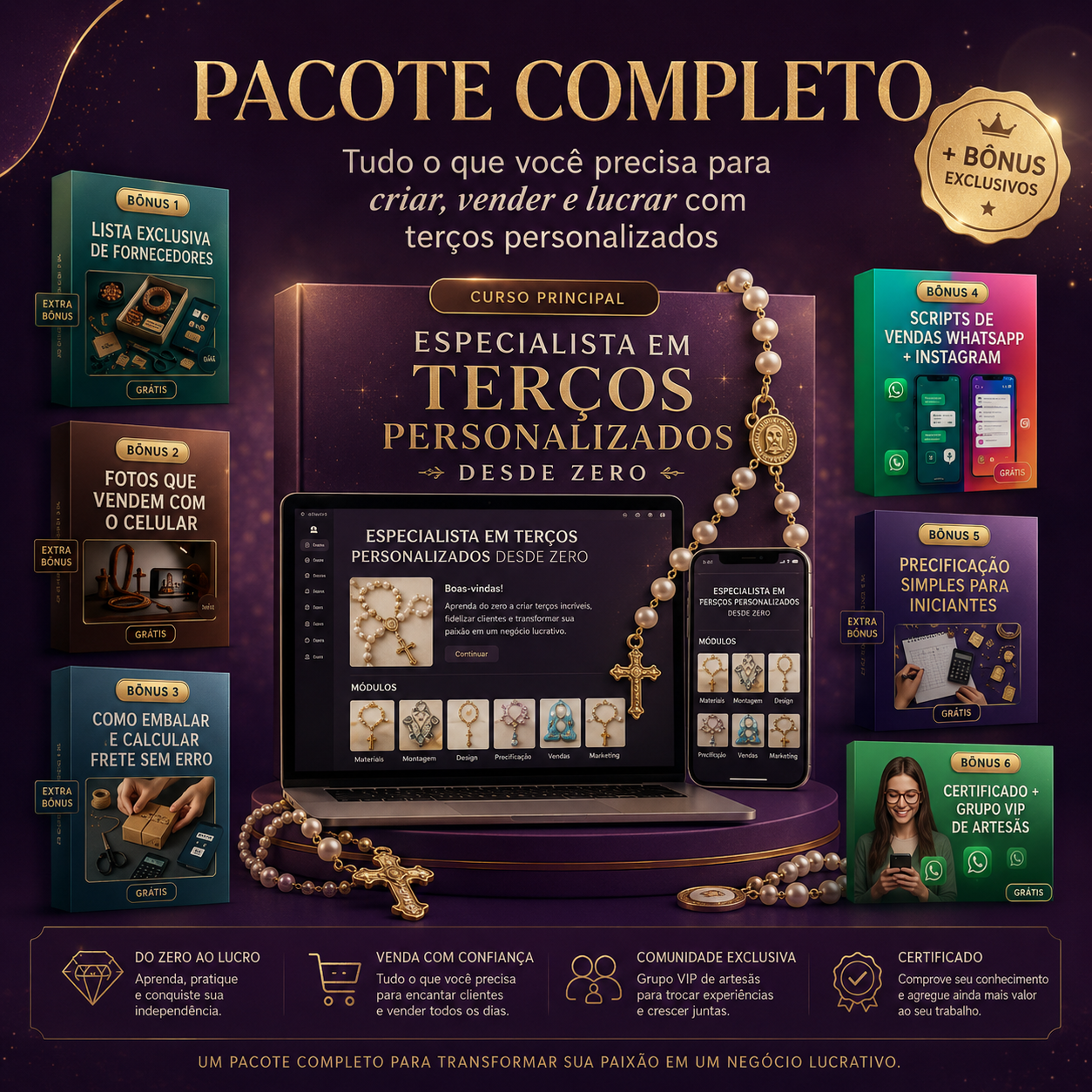 Pacote completo do curso Especialista em Terços Artesanais — curso principal + 6 bônus exclusivos